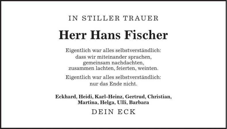 Traueranzeige Hans Fischer