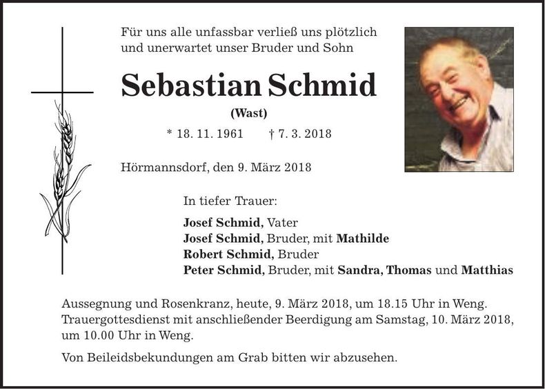 Traueranzeige Sebastian Schmid