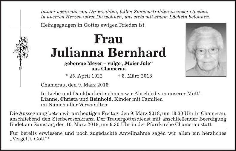 Traueranzeige Julianna Bernhard