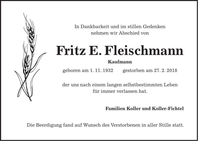 Traueranzeige Fritz Fleischmann