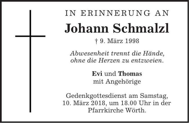 Traueranzeige Johann Schmalzl