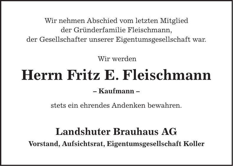 Traueranzeige Fritz E. Fleischmann