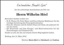 Traueranzeige Wilhelm Hösl