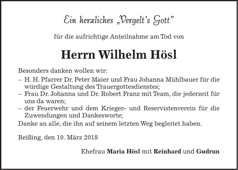 Traueranzeige Wilhelm Hösl