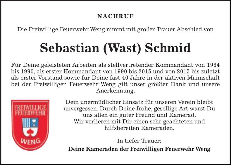 Traueranzeige Sebastian Schmid