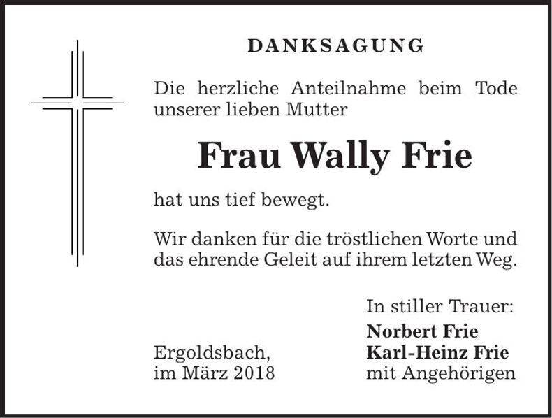 Traueranzeige Wally Frie