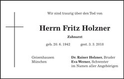 Traueranzeige Fritz Holzner