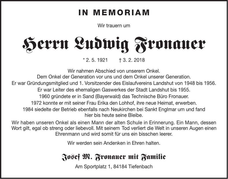 Traueranzeige Ludwig Fronauer