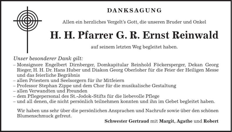 Traueranzeige H. H. Pfarrer G. R. Ernst Reinwald
