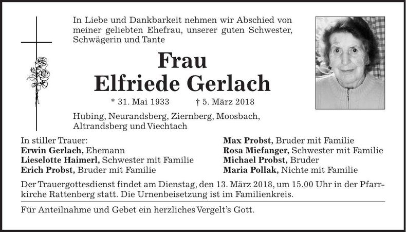 Traueranzeige Elfriede Gerlach