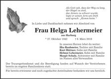 Traueranzeige Helga Lehermeier