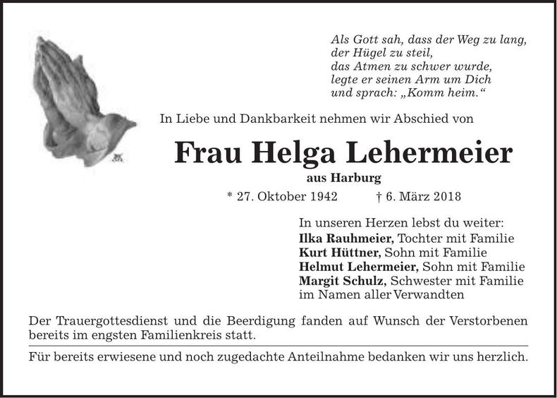 Traueranzeige Helga Lehermeier