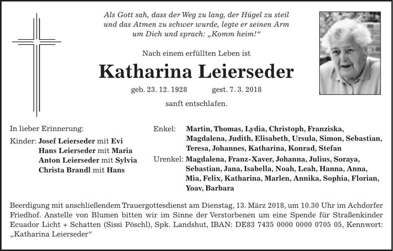 Traueranzeige Katharina Leierseder