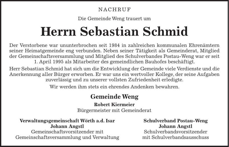 Traueranzeige Sebastian Schmid
