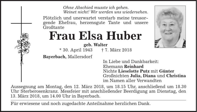 Traueranzeige Elsa Huber