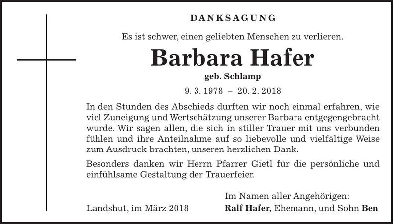 Traueranzeige Barbara Hafer
