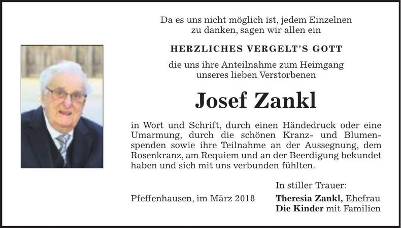 Traueranzeige Josef Zankl