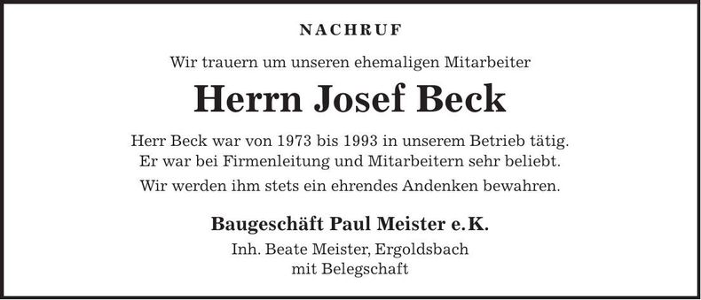 Traueranzeige Josef Beck