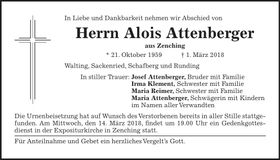 Traueranzeige Alois Attenberger