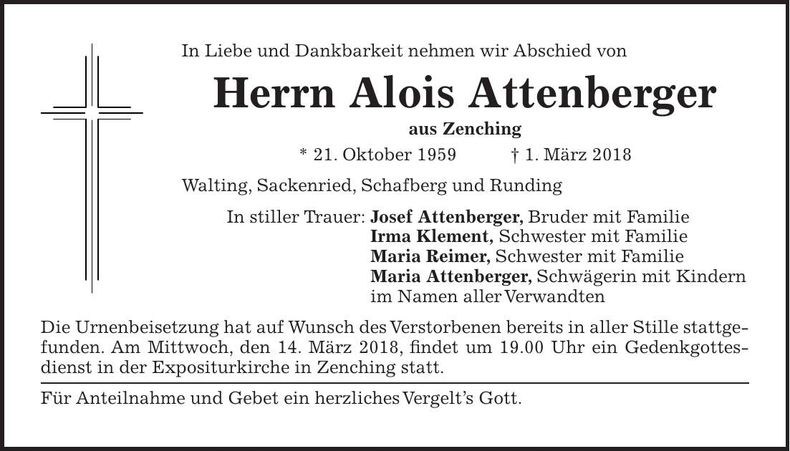 Traueranzeige Alois Attenberger