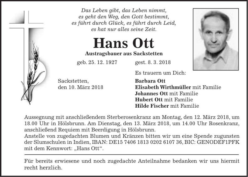 Traueranzeige Hans Ott