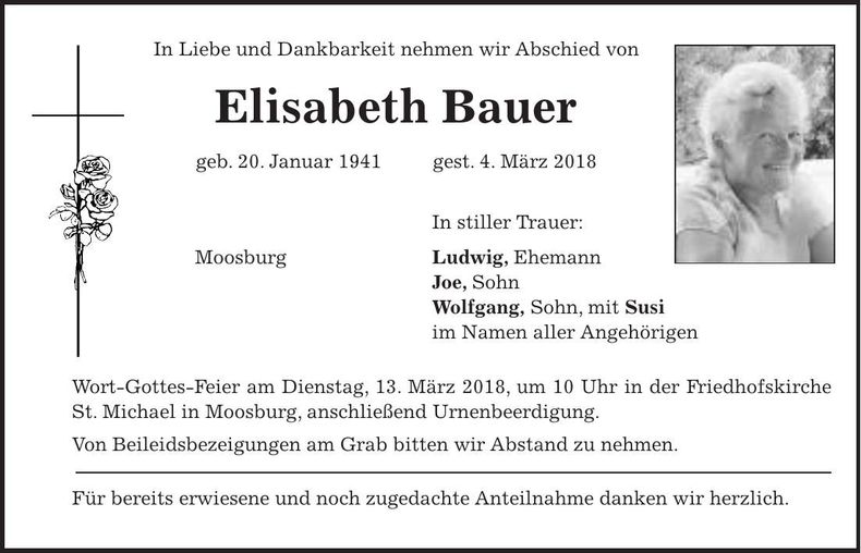Traueranzeige Elisabeth Bauer