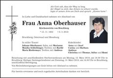 Traueranzeige Anna Oberhauser
