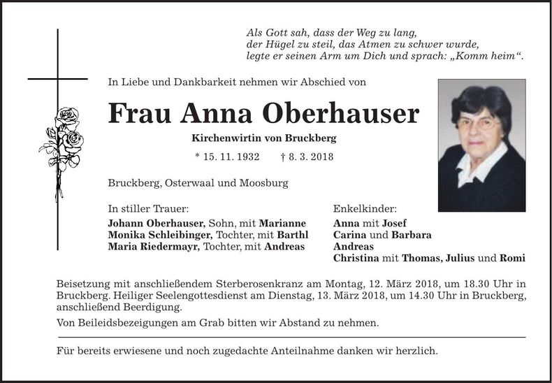 Traueranzeige Anna Oberhauser