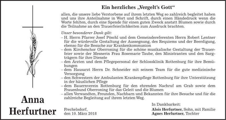Traueranzeige Anna Herfurtner