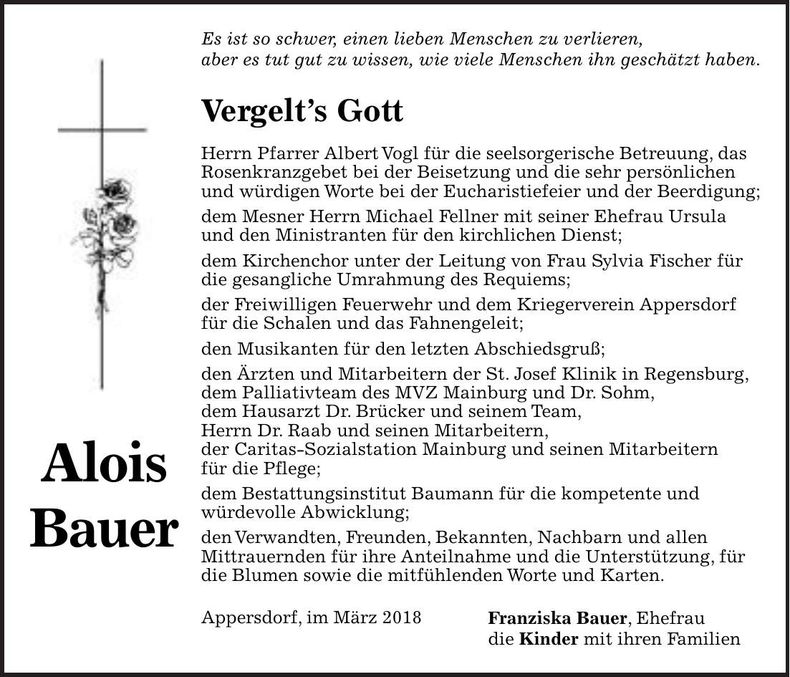 Traueranzeige Alois Bauer