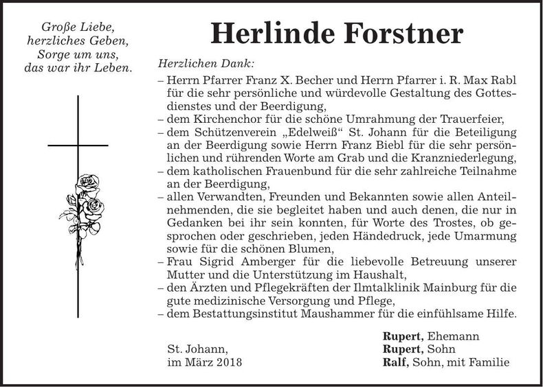Traueranzeige Herlinde Forstner