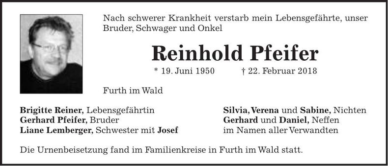Traueranzeige Reinhold Pfeifer