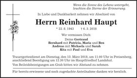 Traueranzeige Reinhard Haupt
