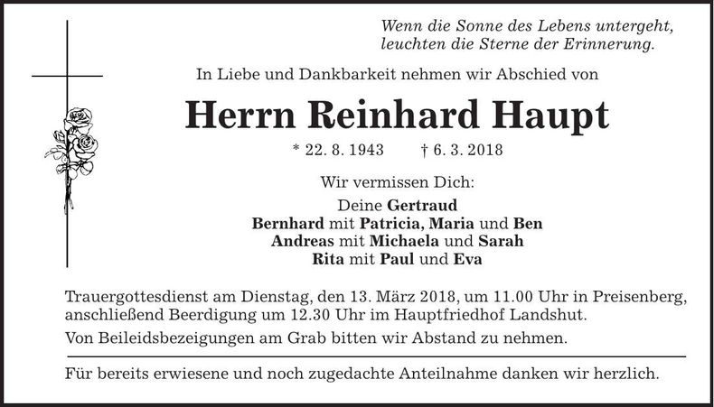 Traueranzeige Reinhard Haupt