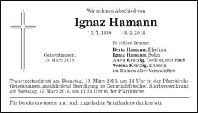 Traueranzeige Ignaz Hamann