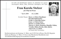 Traueranzeige Karola Stelzer
