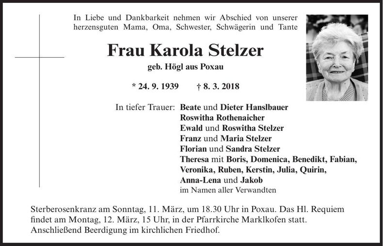 Traueranzeige Karola Stelzer