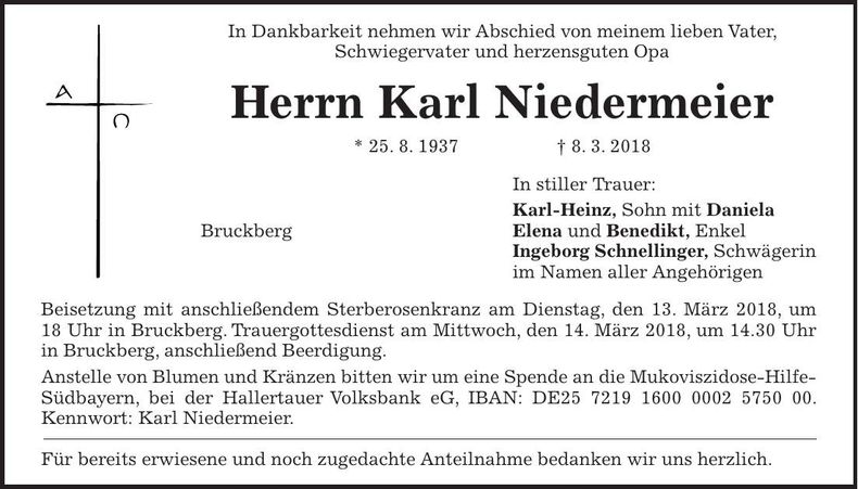 Traueranzeige Karl Niedermeier