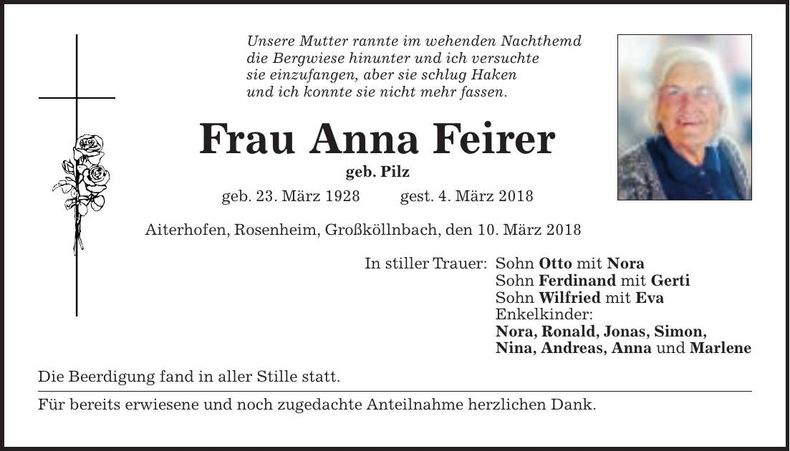 Traueranzeige Anna Feirer