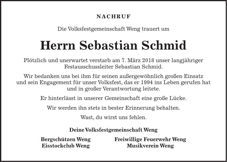 Traueranzeige Sebastian Schmid