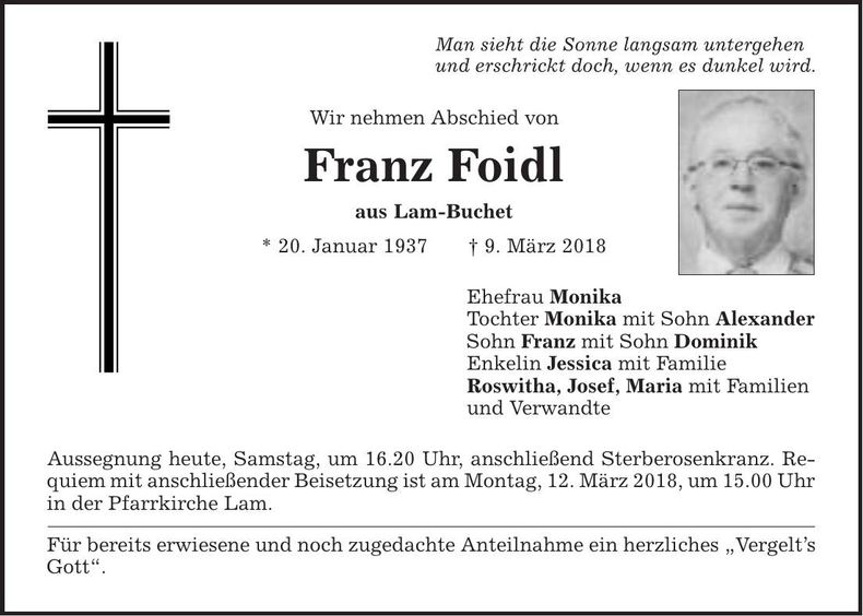 Traueranzeige Franz Foidl