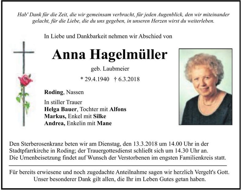 Traueranzeige Anna Hagelmüller
