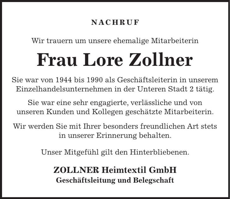 Traueranzeige Eleonore Zollner