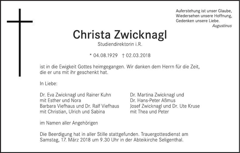 Traueranzeige Christa Zwicknagl