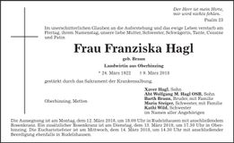 Traueranzeige Franziska Hagl