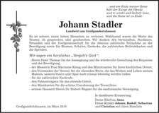 Traueranzeige Johann Stadler