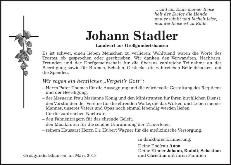 Traueranzeige Johann Stadler