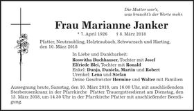 Traueranzeige Marianne Janker