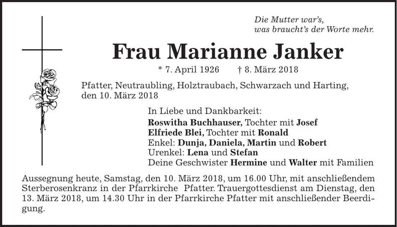 Traueranzeige Marianne Janker