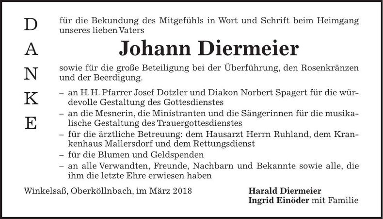 Traueranzeige Johann Diermeier